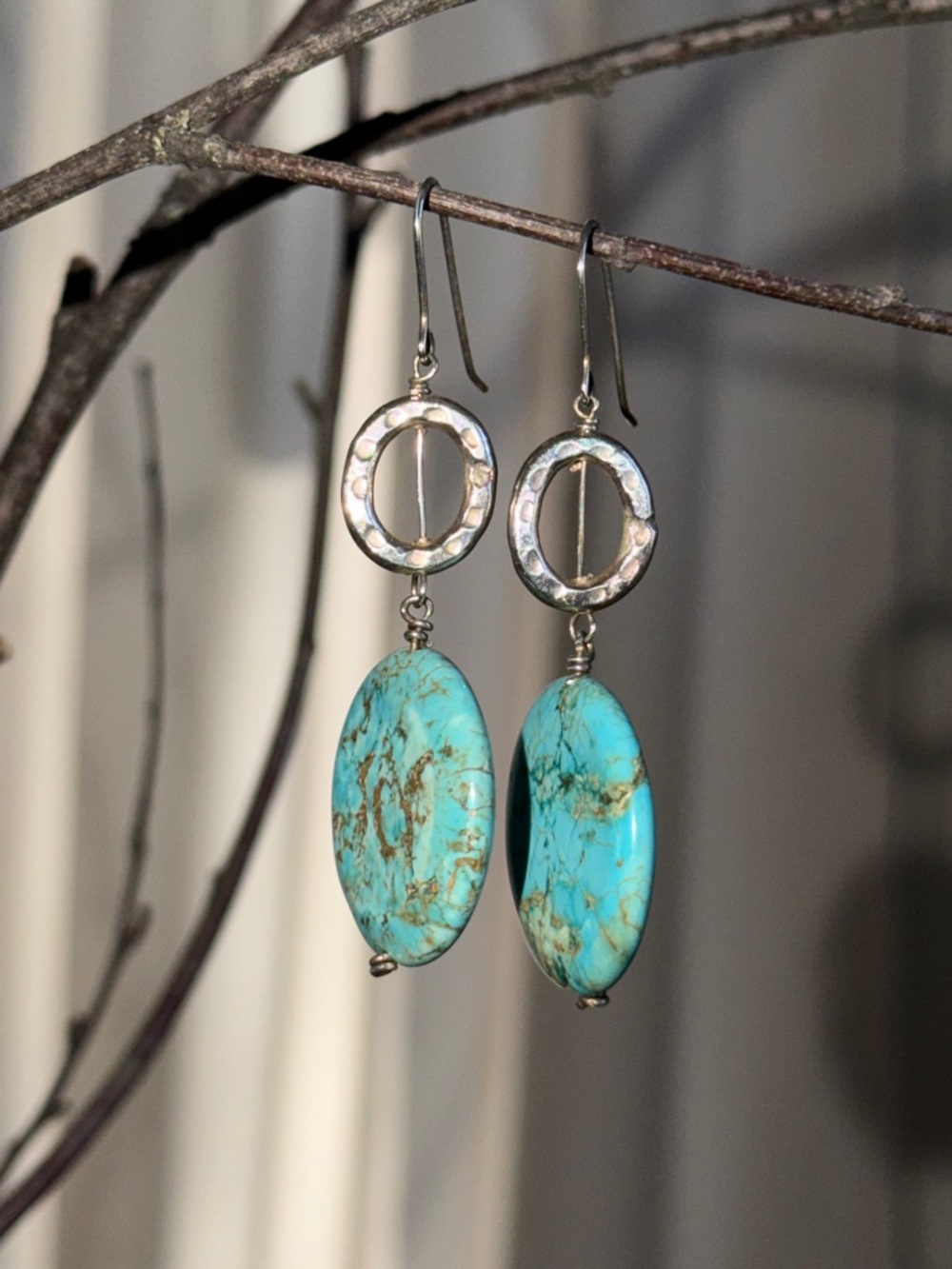 Turquoise Oval Drop Earrings with Silver Accents - Women Jewelry